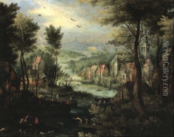 Dorflandschaft Mit Badenden Oil Painting - Jan Brueghel the Elder