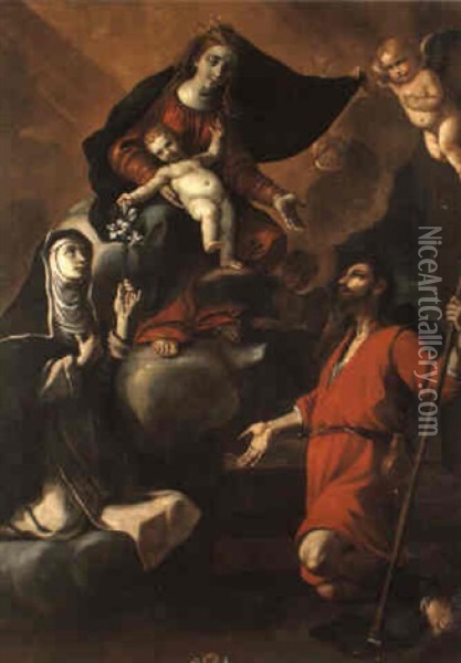L'apparizione Della Madonna Col Bambino Ai Ss. Caterina Da Siena E Isidoro Oil Painting - Mattia Preti