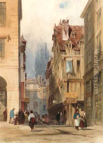 View in the Rue de la Tuile, Rouen, with the tower of St. Ouen in the distance, France Oil Painting - Thomas Shotter Boys