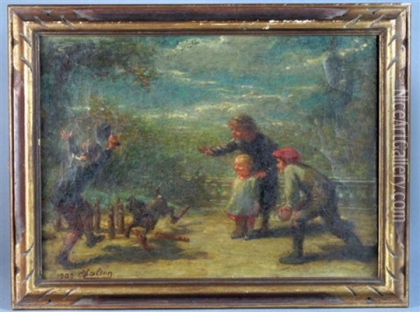 Enfants Jouant Au Ballon Avec Un Chien Oil Painting - Edmond Eugene Valton