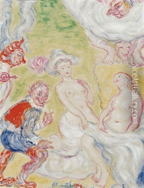 Une Figure Celebre, Jef Vogelpik Et Paul Rubens Reluquant Feminites Grassouillettes Oil Painting - James Ensor