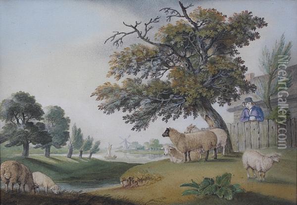 Figure And Sheep By A Cottage Overlooking Ariver, Sand Picture Oil Painting - Benjamin Zobel