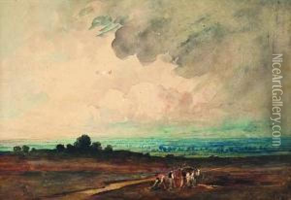 A Gathering Storm 
Peat Gatherers In An Extensive Landscape Oil Painting - Alfred William Rich