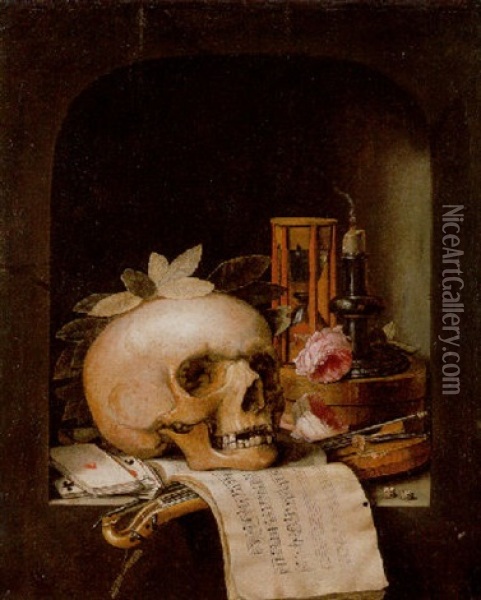 A Vanitas Still Life With A Wreathed Skull, A Pochette Violin, A Bow, A Deck Of Cards With Other Objects In A Niche Oil Painting - Simon Renard De Saint-Andre