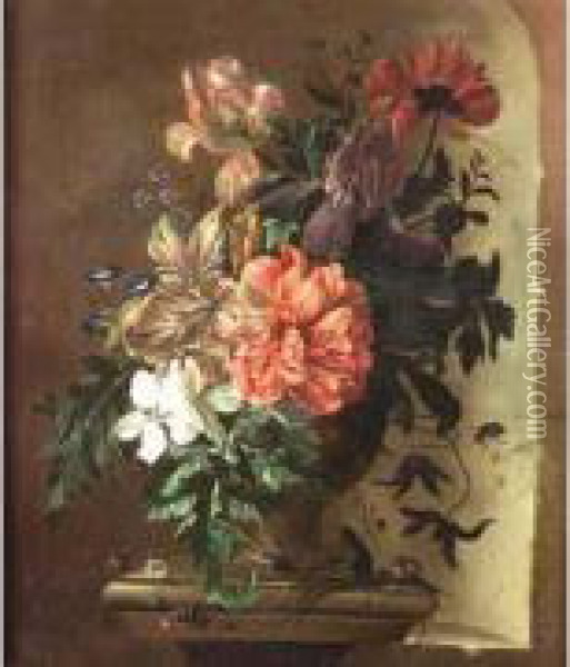 Vase De Fleurs Et Insectes Sur Un Entablement Oil Painting - Abraham de Verwer
