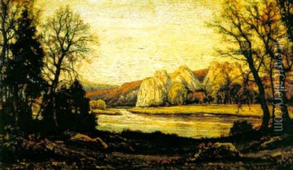 Lake Landscape Oil Painting - Agustin Riancho Y Mora