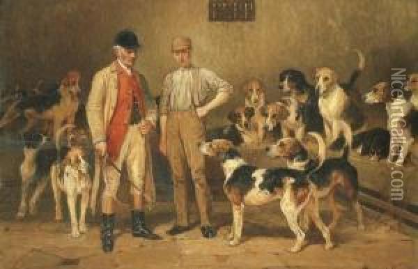 Hounds With Trainer And Master In The Kennel Oil Painting - John Charlton