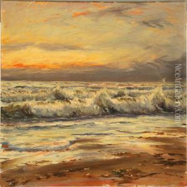 Sunset At Skagen Beach, Denmark Oil Painting - Mogens Ege