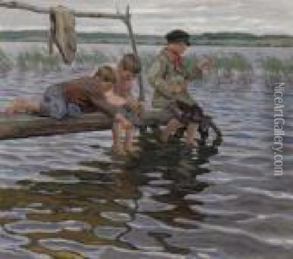 Boys Fishing Off A Pier Oil Painting - Nikolai Petrovich Bogdanov-Belsky