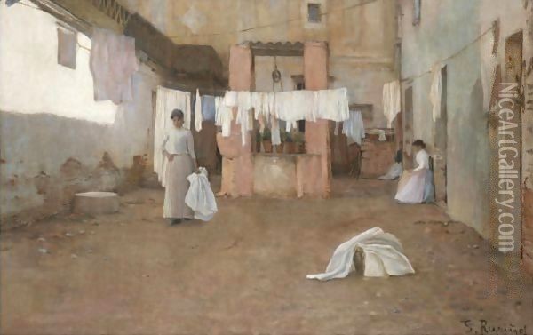 Lavanderas De La Barceloneta (Washerwomen From The Barceloneta) Oil Painting - Santiago Rusinol i Prats