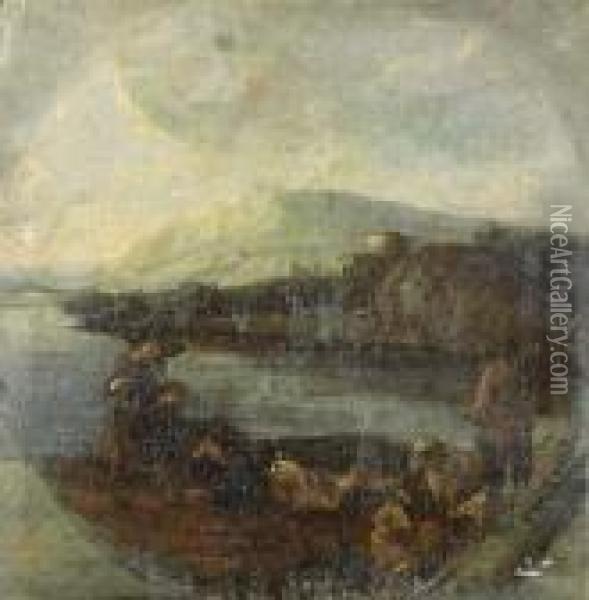 Tre Pastori Con Armenti In Sosta Presso Un Fiume Oil Painting - Michelangelo Cerqouzzi