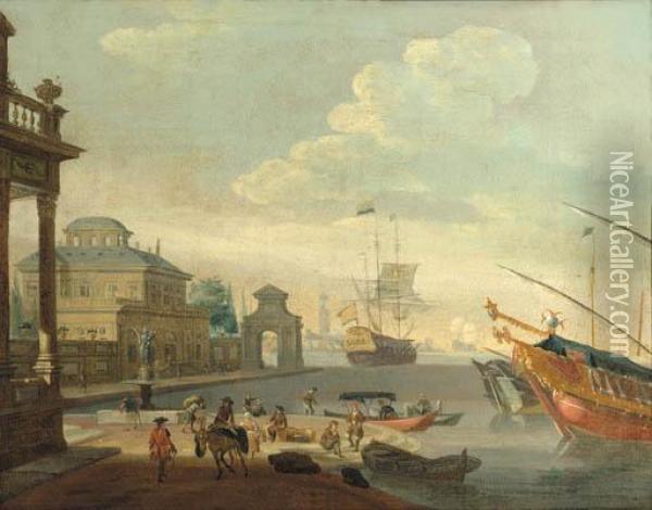 A Capriccio Of A Mediterranean Harbour With Galleys And A Merchantman Oil Painting - Abraham Storck