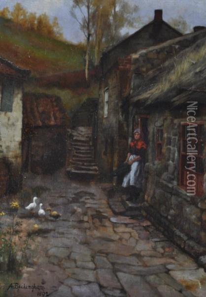 Woman Outside A Farm Cottage Oil Painting - Arthur Beckingham