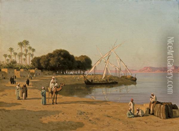 Trading Ships On The Nile Oil Painting - Stefan W. Bakalowicz