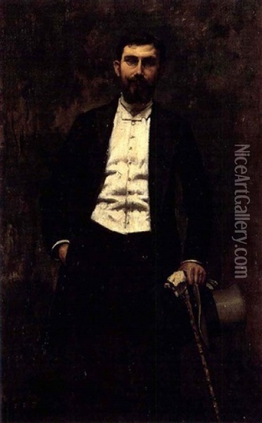Portrait Of A Gentleman In A Frock-coat Holding A Top Hat Oil Painting - Victor Marec