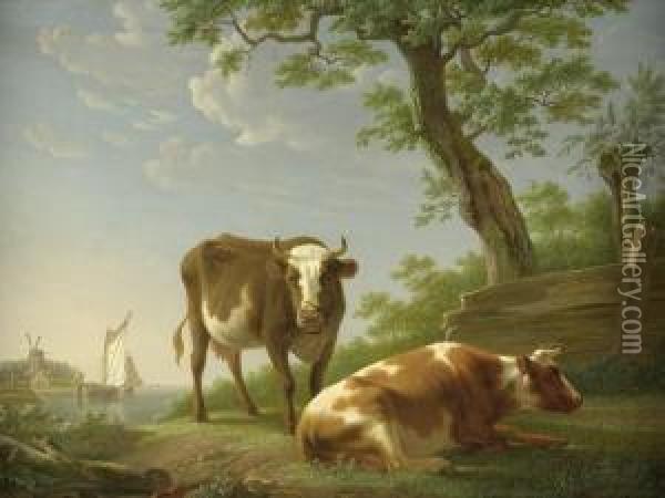 Rinder Bei Einem Baum Vor Einer Fluslandschaft Oil Painting - Pieter Gerardus Van Os