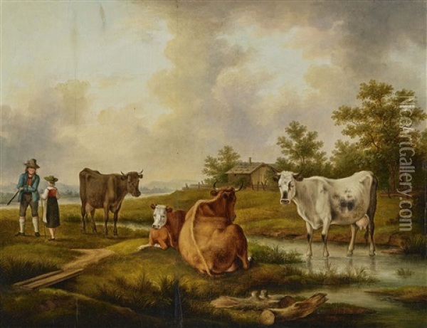 Shepherd Couple With Cows Oil Painting - Franz Wolfgang Rohrich