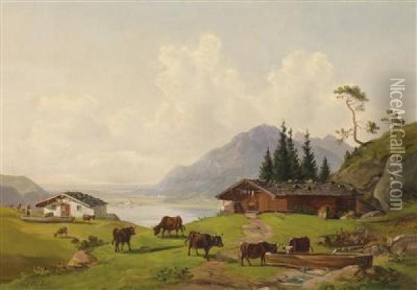 Landscape Withcows In The Foreground Oil Painting - Michael Lueger