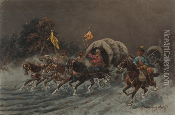 Sibirischer Reiterzug In Vollem Galopp Oil Painting - Adolf (Constantin) Baumgartner-Stoiloff