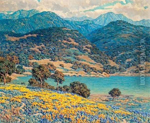 Poppies And Lupine By A Lake With Mountains In The Distance Oil Painting - Granville S. Redmond