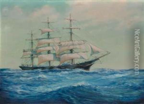 A Clipper Approaching Port, Her Crew Furling Sail Oil Painting - Don F. Palmerton