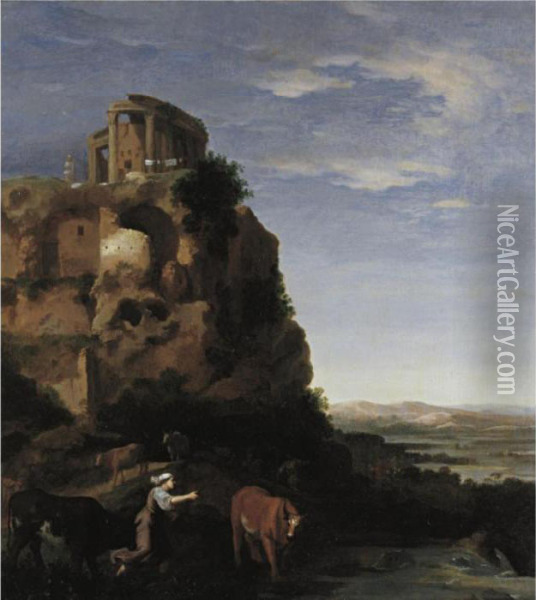 An Extensive Landscape With 
Herdsmen And Cattle Near Ruins, The Temple Of The Sybil On A Rock Beyond Oil Painting - Cornelis Van Poelenburch