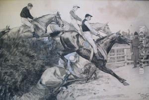 The Grand National 'beecher's Brook' The Favourite's Down Oil Painting - William Barnes Wollen