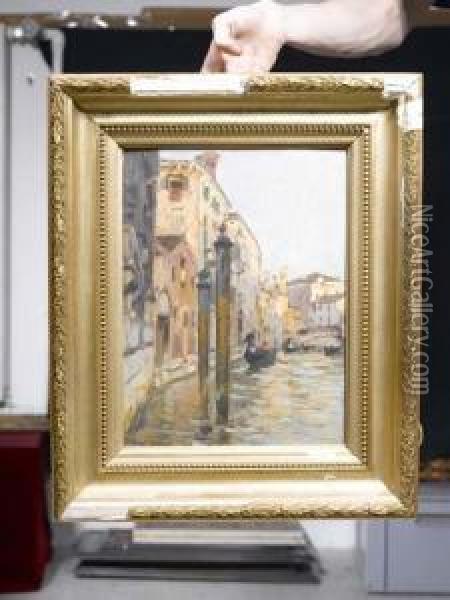 Kanallandschaft In Venedig. Oil Painting - Pieretto Bortoluzzi Bianco