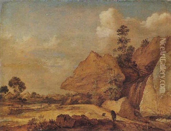 Rocky Landscape With A Solitary Traveller And His Dog Near A Waterfall Oil Painting - Gillis Claesz De Hondecoeter