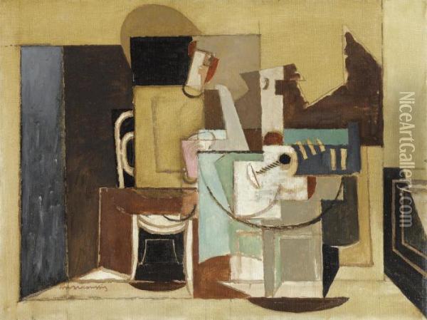 Personnage Assis A Une Table Ronde Oil Painting - Louis Marcoussis