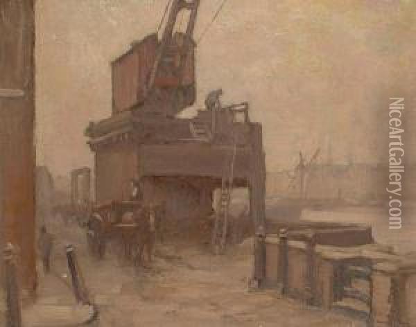 Dockside, Southbank. Oil Painting - Henry Samuel Teed
