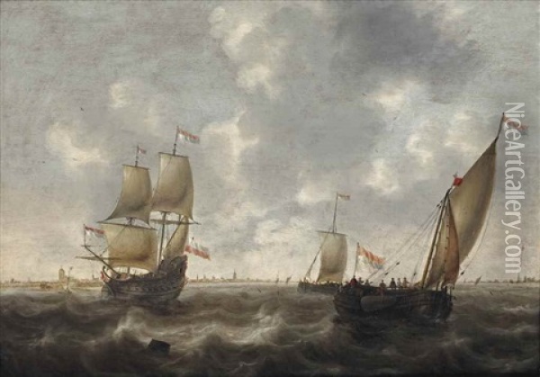 A Dutch Man-of-war And Other Shipping In Choppy Waters, A Town Beyond Oil Painting - Jacob Adriaensz de Backer