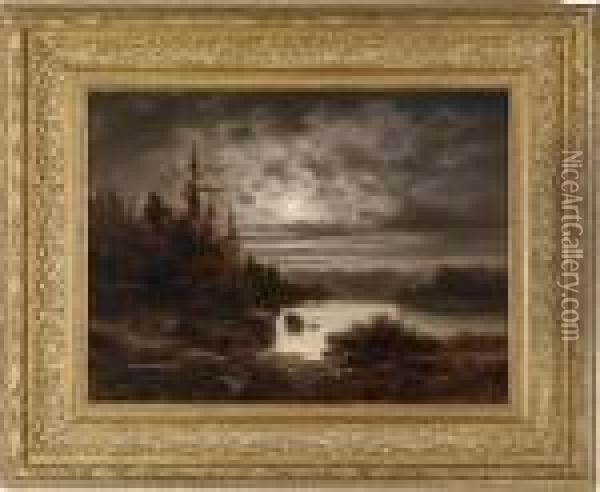 Mondnachtuber Einer Moorlandschaft Oil Painting - Albert Rieger