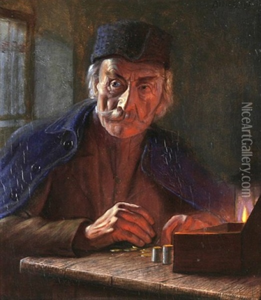 Bei Kerzenschein Munzen Zahlender Mann Oil Painting - Alois Binder