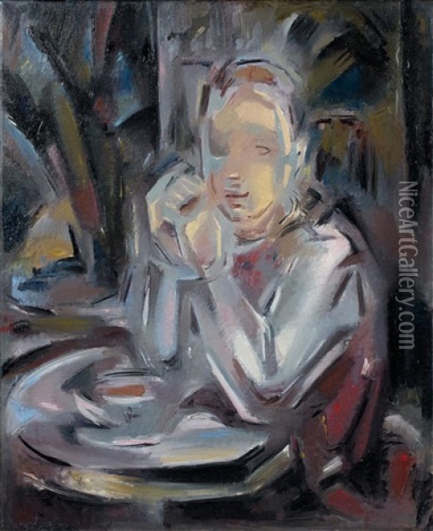 Jeune Assis A Table Face A Une Tasse Oil Painting - Maria Blanchard