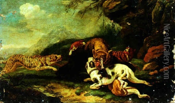 Hounds Attacking A Bear Oil Painting - Carl Borromaus Andreas Ruthart