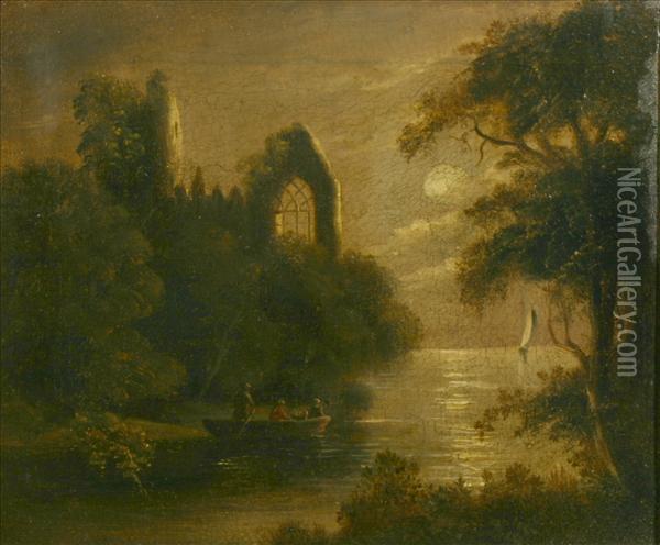 Pether A Boating Party Byabbey Ruins In Moonlight Oil Painting - Abraham Archibald Anderson