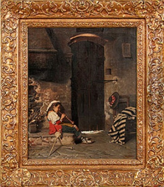 Interior Scene Of A Boy Playing An Instrument On A Hearth Oil Painting - Luigi Scaffai