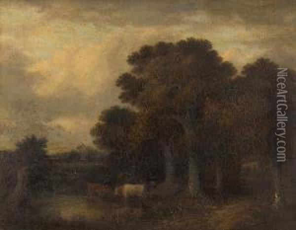 Cattle Watering Beside A Wood Oil Painting - John Berney Crome