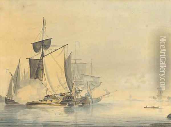 An Admiralty yacht firing a salute to signal her departure Oil Painting - John Thomas Serres