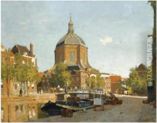 Figures On A Canal Near The Marekerk, Leiden Oil Painting - Cornelis Vreedenburgh