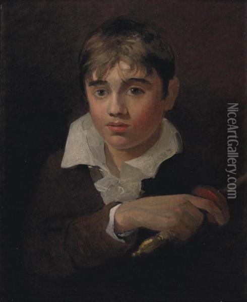 Portrait Of A Boy, Believed To 
Be The Artist's Youngest Brother Henry, As 'young Norval', Bust-length, 
In A Dark Jacket And White Shirt, Holding A Sword Oil On Canvas, Laid 
Down On Panel 22Â¼ X 18 1/8 In Oil Painting - John Sell Cotman