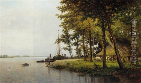 A Peaceful River Landscape With Fishermen Sorting Out Their Nets On A Jetty Oil Painting - Louis Pulinckx