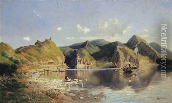 Bay With Fishermen Oil Painting - Leo Gyoeroek