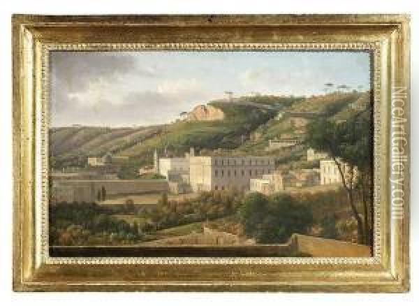 A Picturesque Landscape With Architecture In Italy. Oil/canvas/canvas, Verso On The Stretcher Inscribed, On The Frame Old Label With Inscription And Numbering 