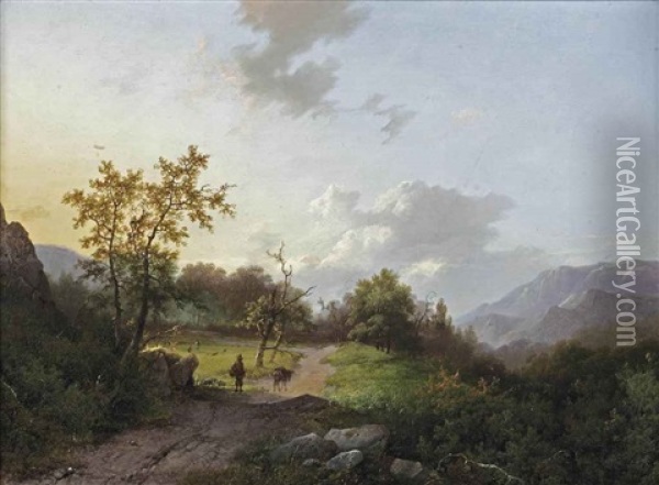 A Traveler And His Donkey In A Mountainous Landscape Oil Painting - Marinus Adrianus Koekkoek