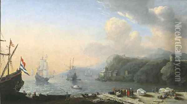 A mediterranean coastal landscape with merchants at a quay, shipping in a bay beyond Oil Painting - Reiner Nooms (Zeeman)