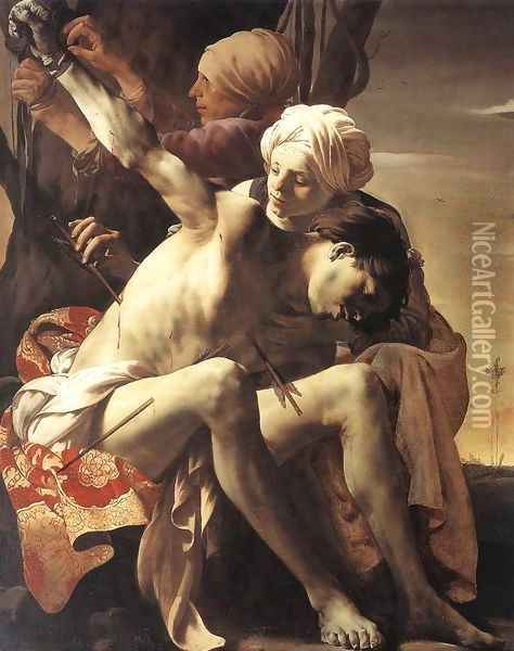 St Sebastian Tended by Irene and her Maid Oil Painting - Hendrick Terbrugghen