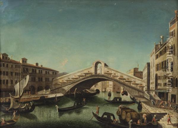 Il Ponte Di Rialto Visto Da Sud Con La Riva Del Carbone A Destra E Quella Del Vino A Sinistra Oil Painting - Francesco Albotto