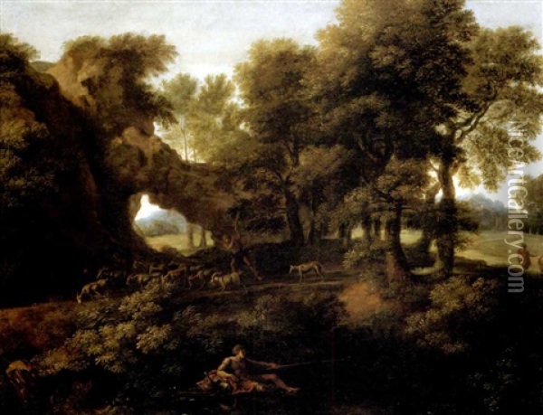A Wooded Landscape With A Goat Herder Driving His Herd On A Path; Mountains Beyond Oil Painting - Gaspard Dughet